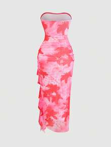 Sweetra Women's Floral Print Ruched Bandeau Dress, Vacation Style - Rose Red - View 2