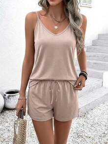 EMERY ROSE Women's Solid Color Camisole And Shorts Casual 2 Pieces Set - Khaki - View 4