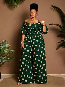 Maweii Plus Size Off-Shoulder Polka Dot Drawstring Waist Short Sleeve Jumpsuit For Vacation - Multicolor - View 5