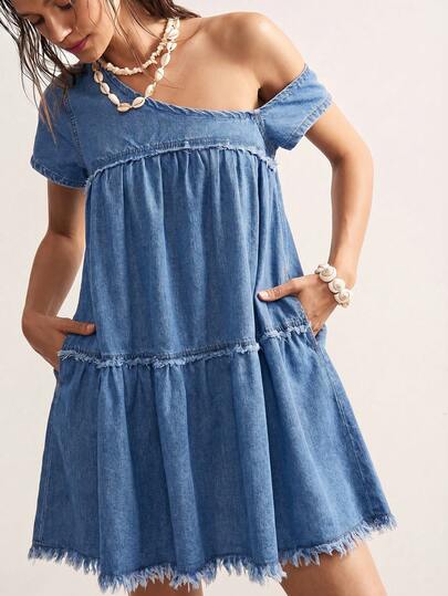 Bohemela Women's Casual Versatile Denim Dress With Ruched Asymmetric Shoulder, One Shoulder Mini Dress With Multiple Layer, Summer Dress, Summer Outfits, Summer Dress For Women, Versatile, Suitable For Daily Wear, Beach Wear, Brunch, Resort, Travel, Cruise Travel, All Match, Commuting