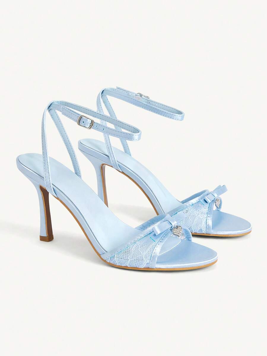 CUCCOO CHICEST 女鞋 藍色緞面配色蕾絲網格拼接 時尚優雅 宴會婚禮圓頭腳踝綁帶高跟涼鞋 - 藍色色丁 - 查看 1