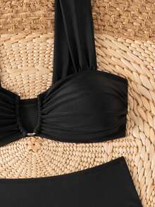 Swim Mod Springbreak Women's New Summer Random Ditsy Floral V-Neck Spaghetti Strap Sweet Floral Pattern Bikini Set - Black - View 3