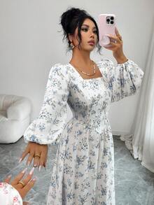 Modelyn New Pleated Textured Fabric Ditsy Floral Romantic Vacation Cinched Waist Versatile Party Dress,Dresses For Women Summer - Blue - View 7