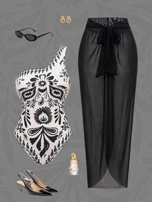 Swim Oasis Nuevo conjunto de 2 piezas de vestido de cuello halter y pantalones cortos con estampado de paisley en blanco y negro, elegante y retro, adecuado para playa, vacaciones y ocio - Negro - Ver 3