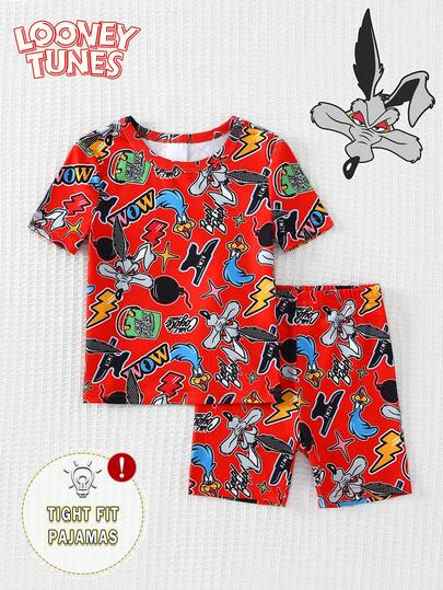 SHEIN GraphicGems 2件套春夏男婴卡通印花短袖T恤和短裤针织弹力面料紧身舒适家居服套装