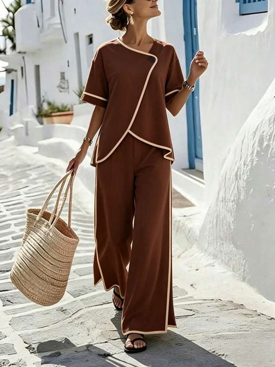 Breezaya Bộ đồ 2 mảnh màu be cổ xéo viền đen tay ngắn / Quần ống rộng kiểu dáng công sở thanh lịch - màu nâu - Xem 1