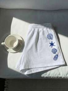 Comfortcana Quần short cạp trung dáng rộng, chất liệu 75% cotton, họa tiết sinh vật biển màu xanh dương với vỏ sò và sao biển, thích hợp cho mùa xuân/hè, đi nghỉ mát, ở nhà, đa năng. - Nhiều màu - Xem 7