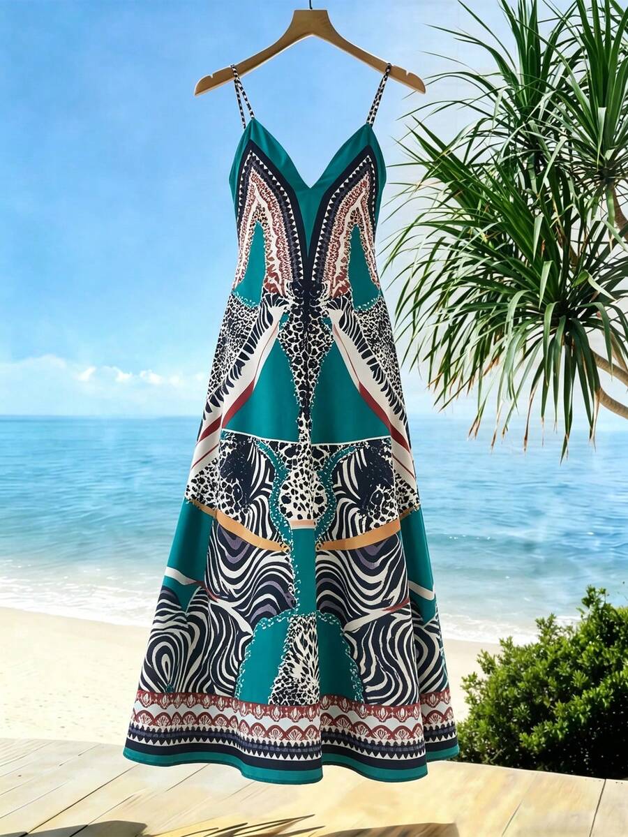 INAWLY Women's Summer Dress Featuring A Green Leopard And Zebra Print And Spaghetti Straps-An Elegant, Sophisticated Choice For A Summer Getaway. - Green - View 1