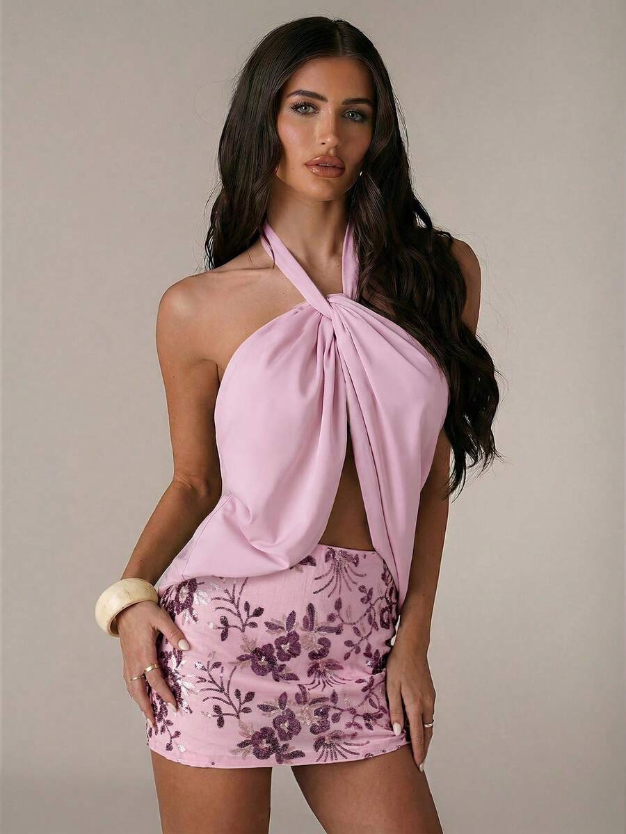 SHEIN BAE 女士纯色露背上衣和亮片拼接迷你裙套装 - 淺粉色 - 查看 1