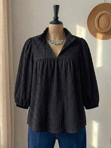 Rusticease Casual Versatile Plus Size Women's Printed Lantern Sleeve Solid Color Textured Comfortable Black Loose Blouse, Suitable For Summer, Spring Fall - Black - View 4