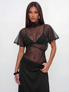 Avantive Summer Festival Party Gym Prom Graduation Prom Casual Country Y2k Women's Black Sheer Seksi Chic Short Sleeve Top Night Out - Black - View 5