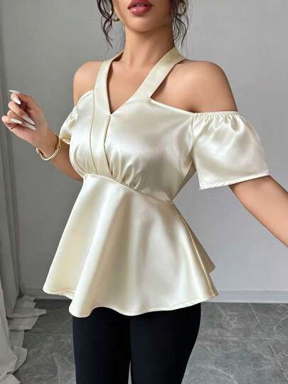 Elenzga Women's Elegant Sexy Satin Fabric V-Neck Cold Shoulder Short Sleeve Waist Shaping A-Line Blouse, Summer