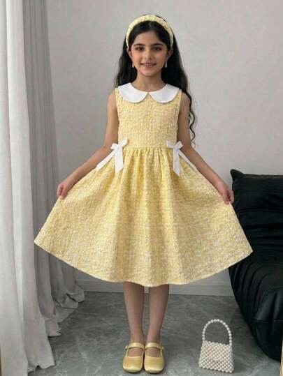 SHEIN Tween Girl Sweet Fashion Mid-Length High Waist Fitted Princess Style Bow Tie Dress; Sweet Ruffle Collar, High Waist Design, Fluffy Dress; Fashionable Versatile Sleeveless Princess Dress. Children's Jacquard Dress, Girls' Formal Yellow Dress, Girls' Yellow Floral Dress, Girls' Lemon Yellow Dress