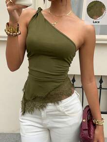Siren Gaze Áo kiểu lệch vai thắt nút ren phối nhiều mảnh, áo blouse nữ ôm dáng thanh lịch, áo crop top mùa hè năng động, hở vai, hở lưng, thích hợp cho tiệc tùng, lễ hội âm nhạc. - Màu xanh Ô liu - Xem 6