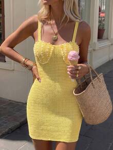 Selianne Women's Elegant Fitted Backless Short Cover Up Dress Boho Tie Strap Pearl Cami Camisole Yellow Sleeveless Knit Mini Dress, Suitable For Beach & Summer Or Women Party,Prom,Beach,Holiday Vacation And Mucis Festival, Streetwear - Yellow - View 6