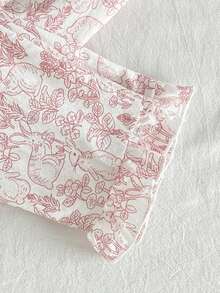 Young Girl' White Pink Line Rabbit Floral Pattern Ruffle Collar Short Sleeve Pants Casual Cute Comfortable 2 Pieces Pajama Set Sleep Summer - Red - View 7