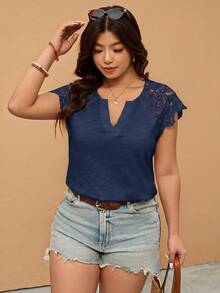 Elaquor Plus Size Women's Summer Beach Vacation Solid Color Lace Splice Notch Neck Cap Sleeve T-Shirt - Navy Blue - View 4