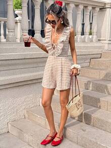 SHEIN PariChic Bộ jumpsuit nữ kiểu Pháp cổ điển mới, họa tiết hoa, viền bèo nhún, tôn dáng, thích hợp cho kỳ nghỉ. - Màu Khaki - Xem 4