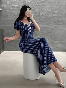 Feyla Vestido de fiesta midi elegante con cintura ceñida y decoración de lazo con lunares para mujer - Azul Marino - Ver 5