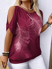 EMERY ROSE Casual Feather Print Off Shoulder Plus Size T-Shirt Graphic Tees Women Tops - Multicolor - View 4