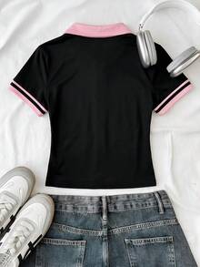 SHEIN 青少年女孩對比領針織休閒對比色塊修身短版上衣，小Logo刺繡，適合母親節、畢業季，春夏季日常、出遊、度假、節日、休閒穿搭，新風格、返校、慵懶氛圍 - 彩色 - 查看 2