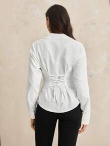 SHEIN Tall Camisa casual de mujer de unicolor de manga larga y abotonadura sencilla - Blanco - Ver 2