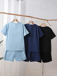 Bộ đồ 3 món cho bé trai tuổi teen: Áo thun ngắn tay và quần short in chữ phối màu, thích hợp mặc đi chơi, đi làm hàng ngày. - Nhiều màu - Xem 2