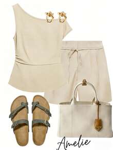 EMERY ROSE Women's Elegant Solid Color Ruched Textured Asymmetrical Shoulder Blouse, Summer - Apricot - View 2