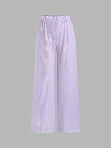 Sweetra 春夏時尚套裝，法式甜美泡泡袖條紋襯衫與寬鬆直筒長褲，女款兩件套 - 紫色 - 查看 4