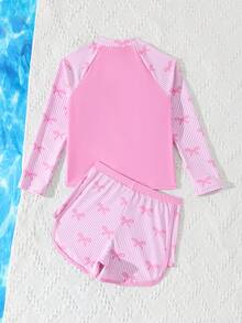 SHEIN 少女款吊带泳衣，可爱粉色条纹蝴蝶结针织面料无袖露脐比基尼上衣，拉链拼接短裤，时尚休闲优雅女士款，适合游泳、夏季度假、海滩、泳池、假日派对等场合。 - 粉色 - 查看 2