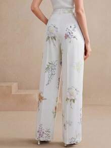 Anewsta Quiet Luxury 女士新款休闲度假及都市通勤百搭不对称印花高腰宽松长裤 - 白色 - 查看 7