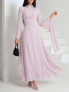 Veilorie Women's Solid Color Stand Collar Extra Long Sleeve Pleated Waist Elegant Dress Orchid Dress Party Dress - Pink - View 8
