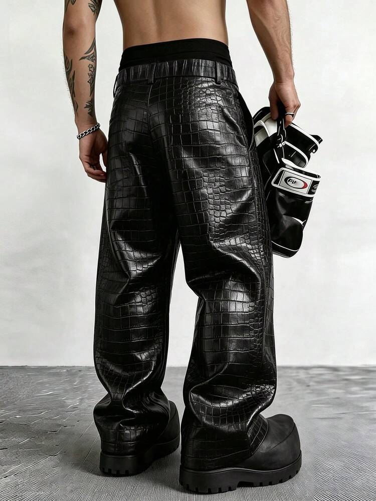 PAVTROS Men's Black PU Leather Pants, Loose Fit Fashion Versatile