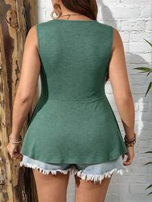 EMERY ROSE Plus Size Women Summer Casual Smart Front Twist Ruched Sleeveless V-Neck Top Vacation Sage Green - Dark Green - View 2