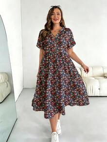 SHEIN Essnce 大码女式V领印花褶皱休闲派对连衣裙 - 彩色 - 查看 4
