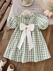 SHEIN Đầm dệt cổ bẻ kẻ caro tay cánh hoa cho bé gái - màu xanh lá - Xem 4