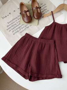 SHEIN LMoss Kids Young Girl Summer Casual Loose Spaghetti Strap Tank Top And Ruffle Hem Shorts 2 Pieces Set - Burgundy - View 4