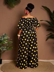 Maweii Plus Size Off Shoulder Polka Dot Drawstring Waist Short Sleeve Jumpsuit - Multicolor - View 5