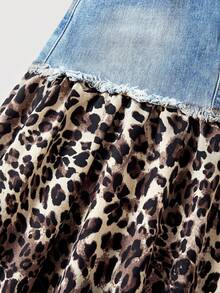 Teen Girl Retro Blue Denim Patchwork Leopard Print Asymmetrical Midi Skirt Casual Festival Beach Graduation Ceremony Vacation Comfortable Casual Festival Beach Vacation Comfortable Y2K Summer Light Washed Long Denim Skirt - Blue - View 4