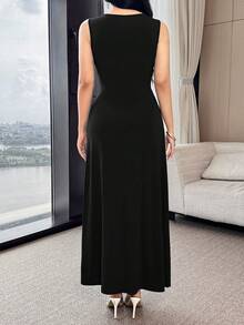 Feyla Waist Ruched, Metal Decor Button, Cinched Waist, Elegant Cocktail Party & Work Versatile Dress - Black - View 6