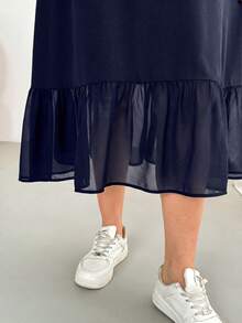 Shapeblank Plus-Size Women's Spring/Summer Fashion Casual Loose Comfortable Everyday Basic Versatile Slimming Black Short-Sleeved Chiffon Patchwork Mid-Length Dress,Summer Outfits,Pocket Dress,Simple Style - Navy Blue - View 6