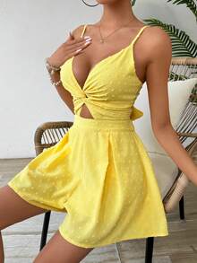 Breezaya Mono casual hueco con frente anudado y unicolor para mujer, con cintura recortada y tirantes ajustables tipo espagueti, para vacaciones - Amarillo - Ver 6