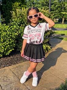 SHEIN 2pcs/Set Young Girl Letter & Number Pattern V-Neck Loose Casual T-Shirt And A-Line Skirt - Pink - View 6
