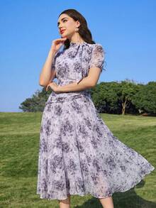 Modelyn Đầm nữ thanh lịch in hoa, cổ xoắn, eo nhún, thích hợp cho mùa hè. - Màu tím - Xem 6