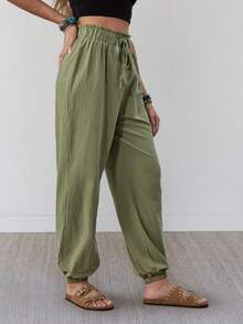 Wildy Sage Green Women's Casual Autumn Pants, Soft Breathable Boho Western Country Concert, City Break Vacation Beach With Pockets - Green - View 3
