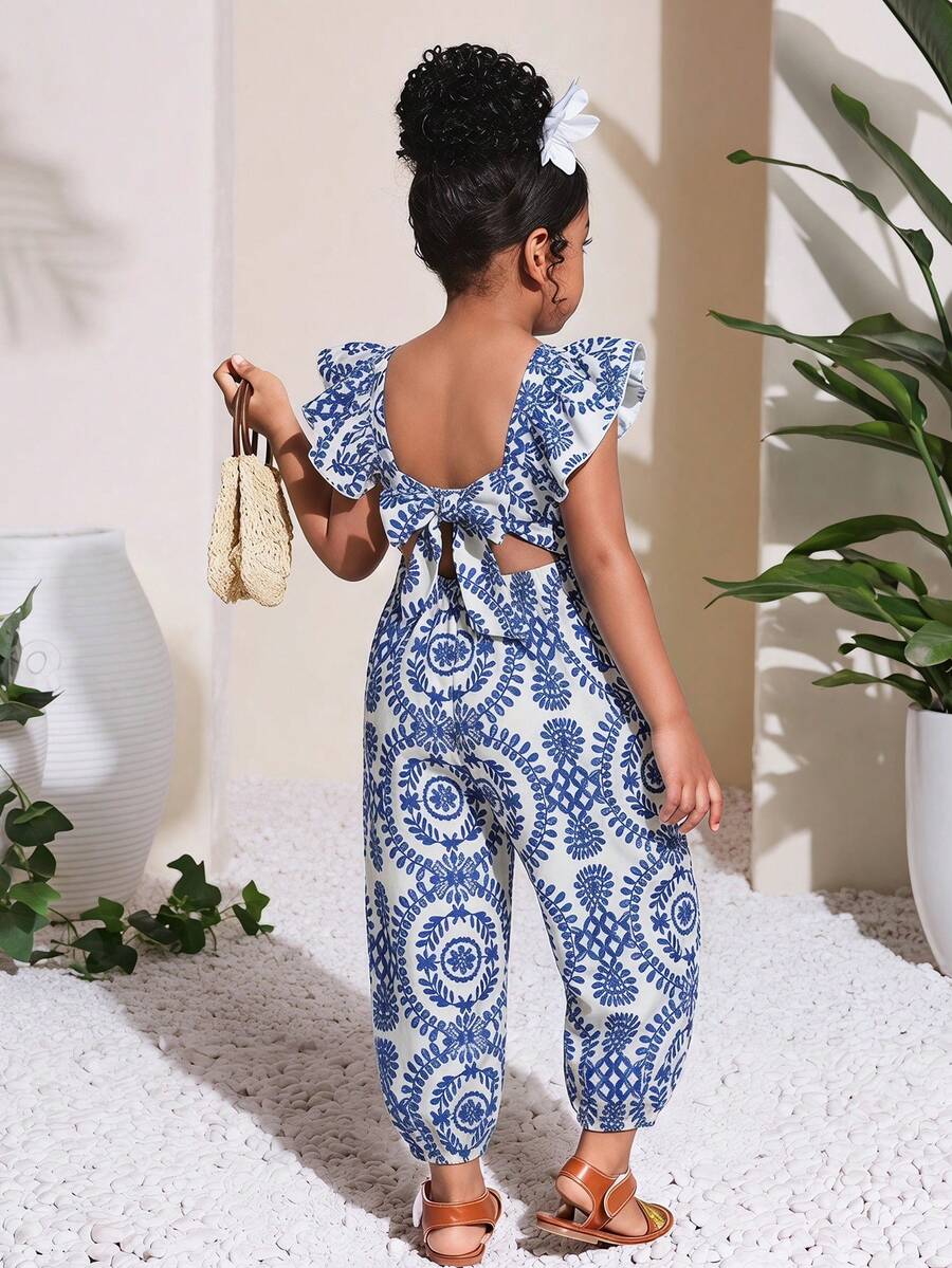 SHEIN Young Girl Ditsy Floral Ruffled Collar Casual Jumpsuit - Blue and White - View 1