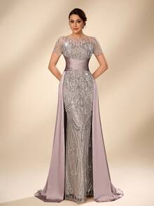 Serin Women's Elegant Luxurious Beaded Embroidered Satin Splice Round Neck Short Sleeve Fishtail Dress,Hot Pink Sequin,Winter,Formal,Wedding Bridal Mother - Champagne - View 7