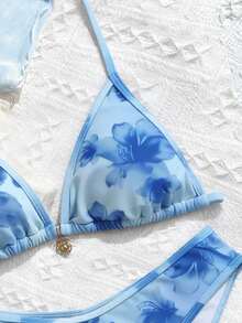 SHEIN 少女三件套比基尼套装，橙色碎花T恤和泳衣，适合海滩和度假 - 藍色 - 查看 4