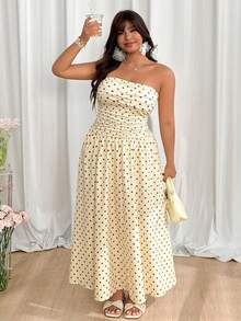 SHEIN EZwear Plus Size Women Polka Dot Print Ruched Strapless Casual Dress - Apricot - View 6