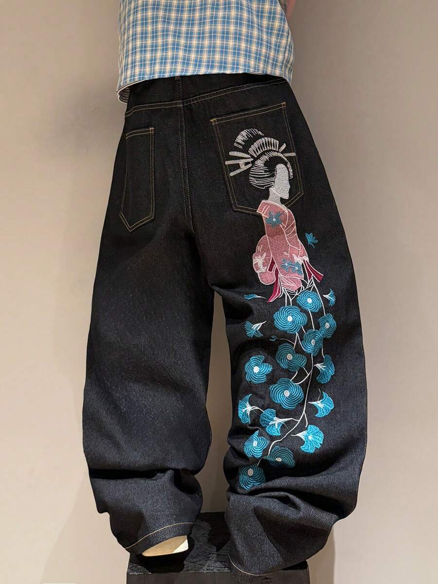 STEELVANCE Quần jean denim nam thường ngày, kiểu dáng casual, với họa tiết thêu bóng. - màu đen - Xem 1